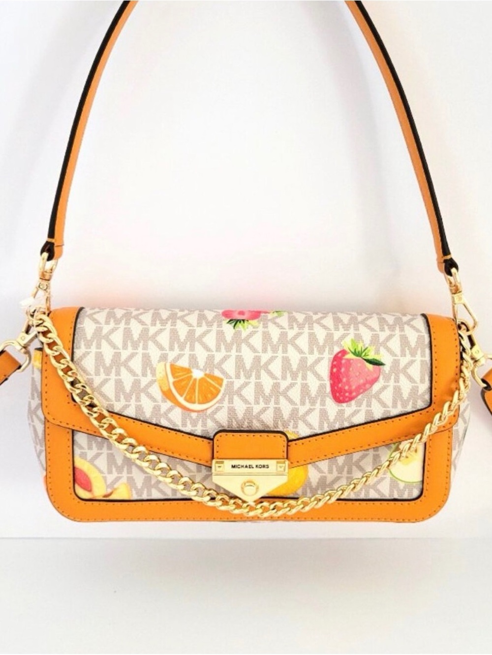 Michael Kors Orange Trim Logo Canvas Shoulder Bag with Fruit Print